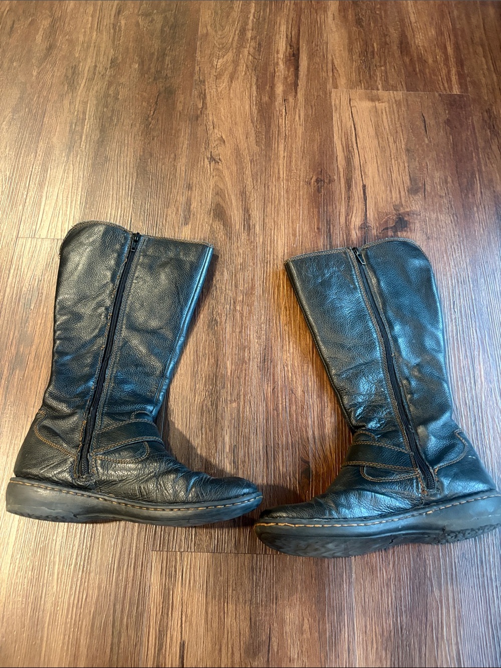 Born Black Leather Mid Calf Zip Heeled Boots